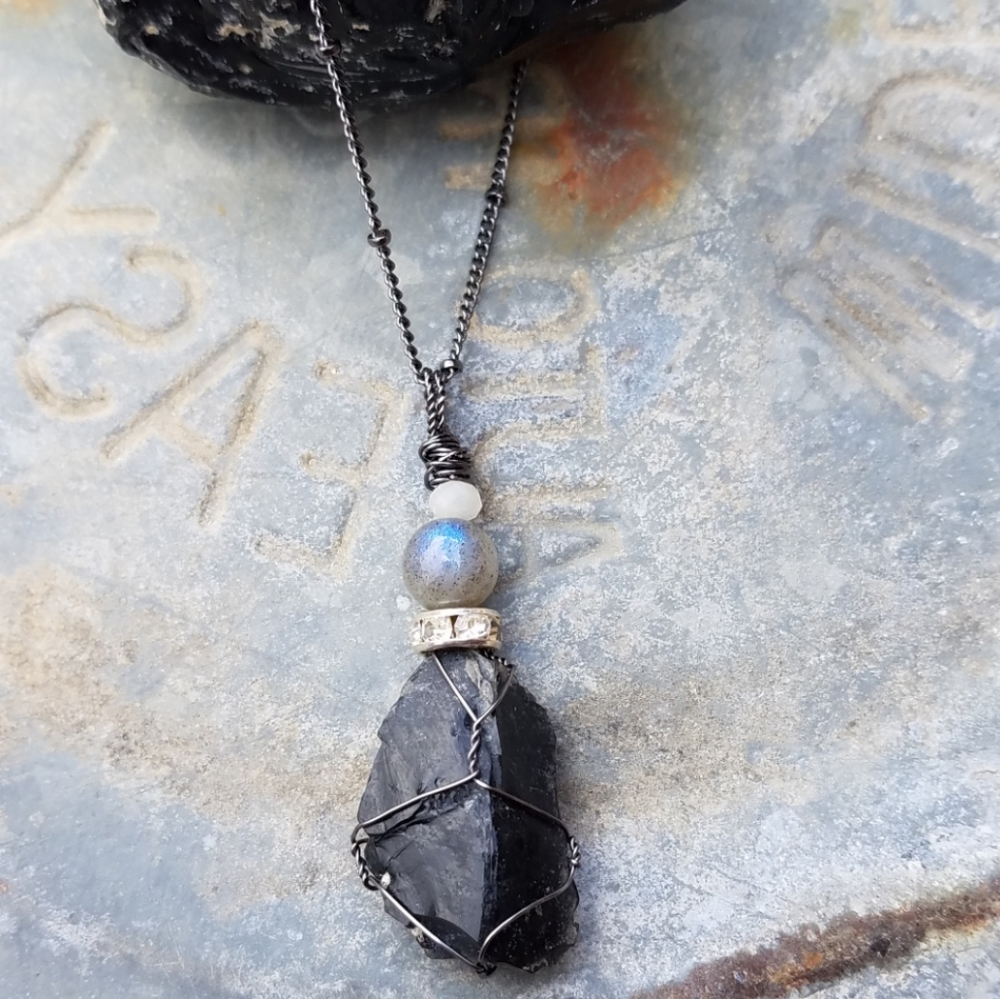 Handmade Obsidian Labradorite & Moonstone Necklace